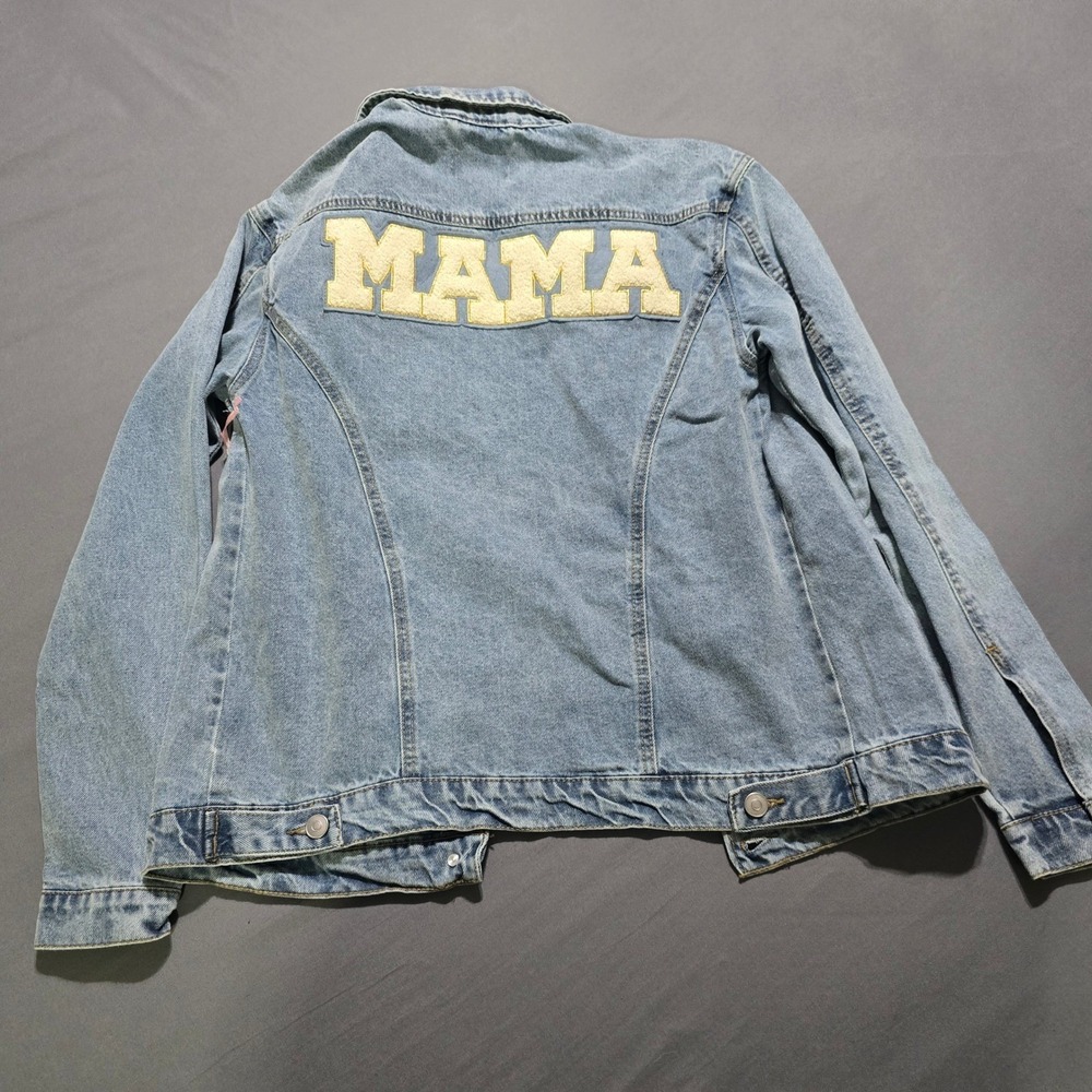 First Kick Denim Jacket Women Small Light Blue Mama Chenille Patch Maternity NEW